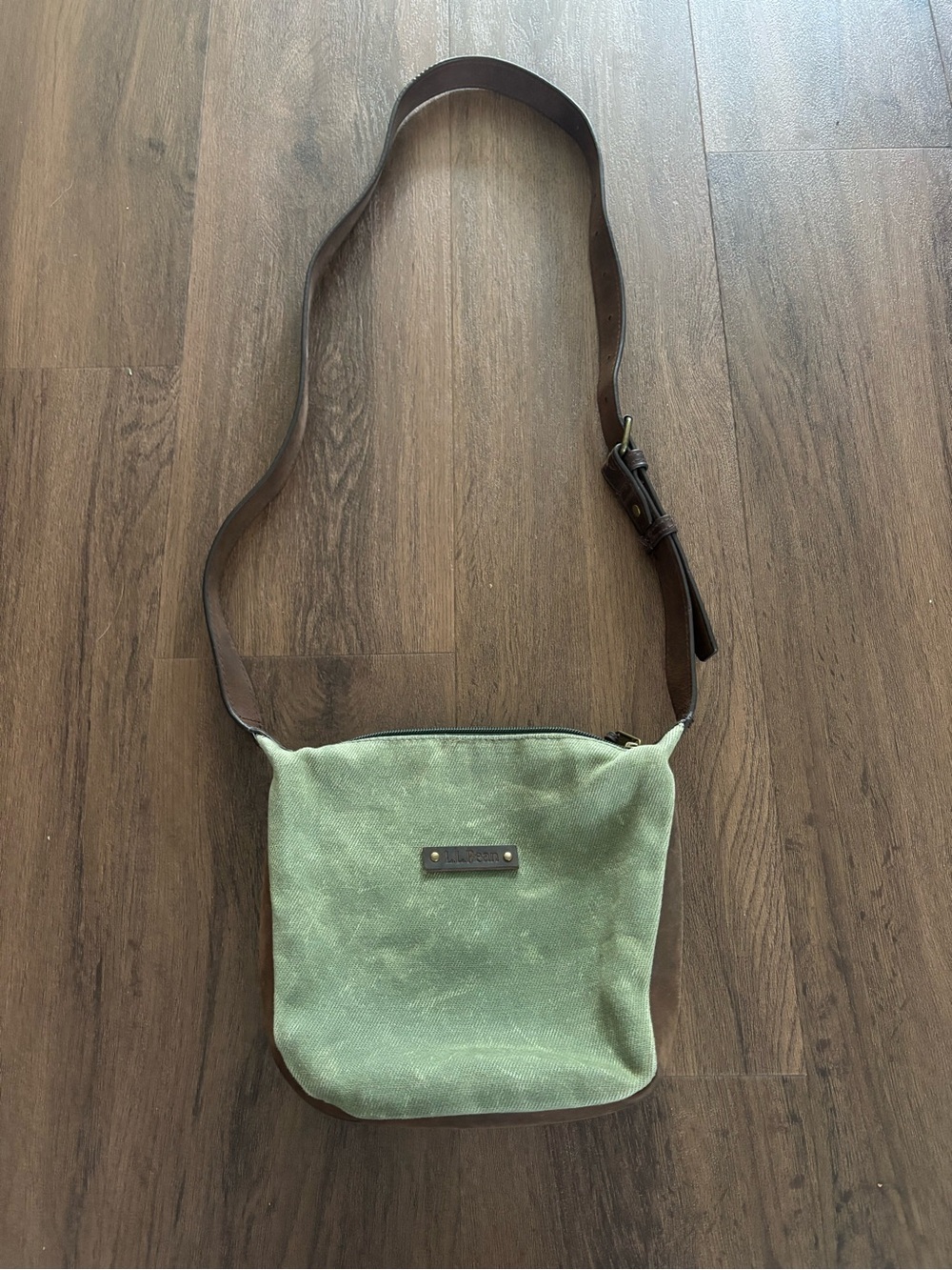 L.L. Bean Green Canvas Crossbody Bag with Brown Leather Strap